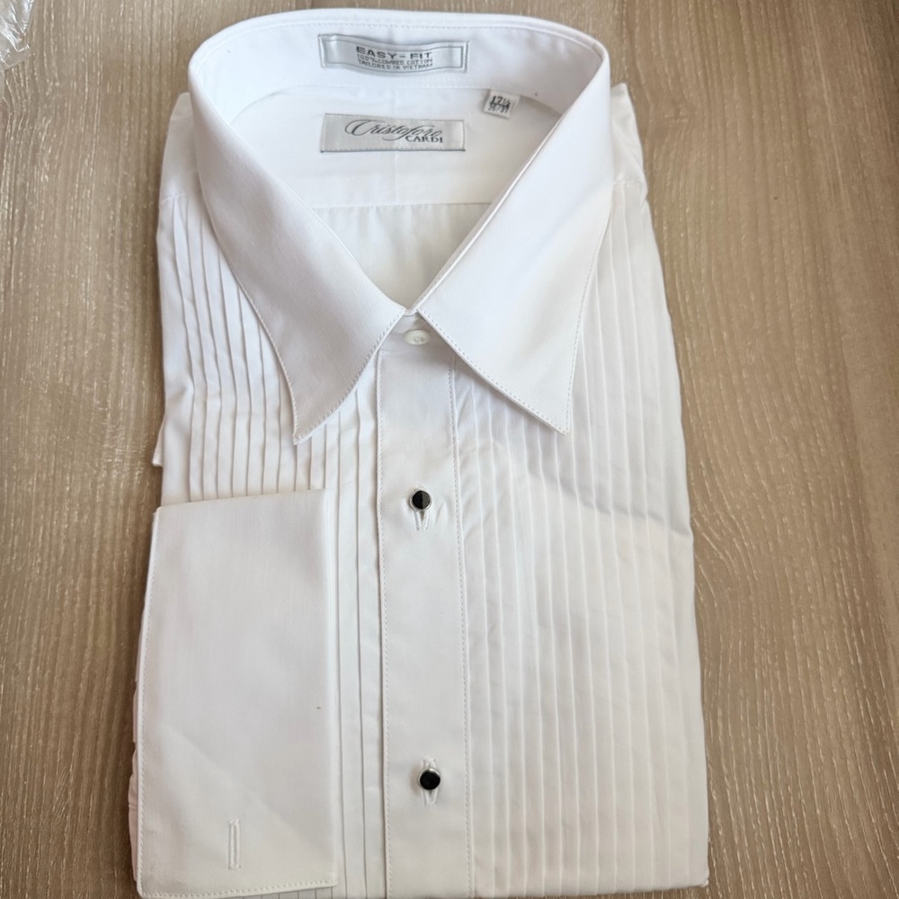 NWT Cristoforo Cardi White Pleated Front Dress Shirt French Cuffs, 17.5 36/37